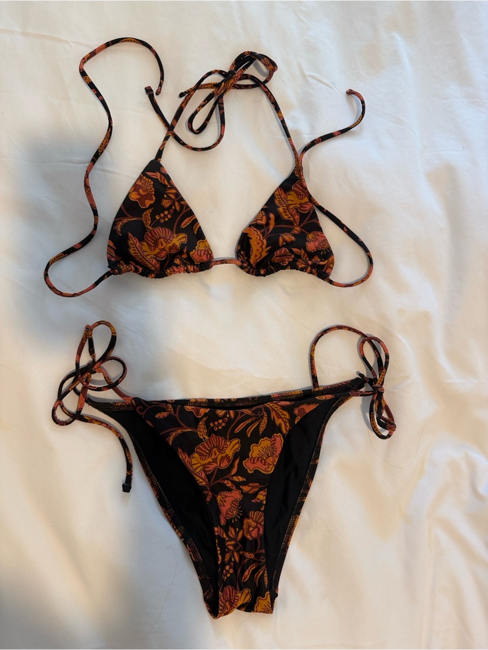 Matteau String Triangle Top in Black and Orange Floral
